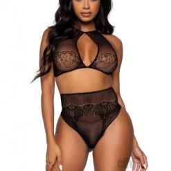 Dotted Net Halter/high Thong 2pc Os Blk