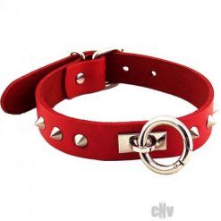 Rouge Leather O Ring Studded Collar Red