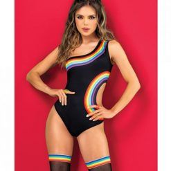 Pride One Shoulder Side Cut Out Bodysuit Black Prints L/xl