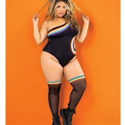 Pride One Shoulder Side Cut Out Bodysuit Black Prints 1x/2x