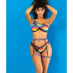 Pride One Shoulder Top, Garter Belt & Panty Black Prints L/xl