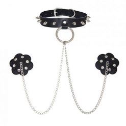 Burlesque Slave 4 U Chain Neck Choker Leather Reusable Silicone Nipztix - Black O/s