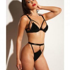 Fetish Excitement Unlined Underwire Vinyl Bra & Panty W/d-ring & Metal Clasp Black Sm